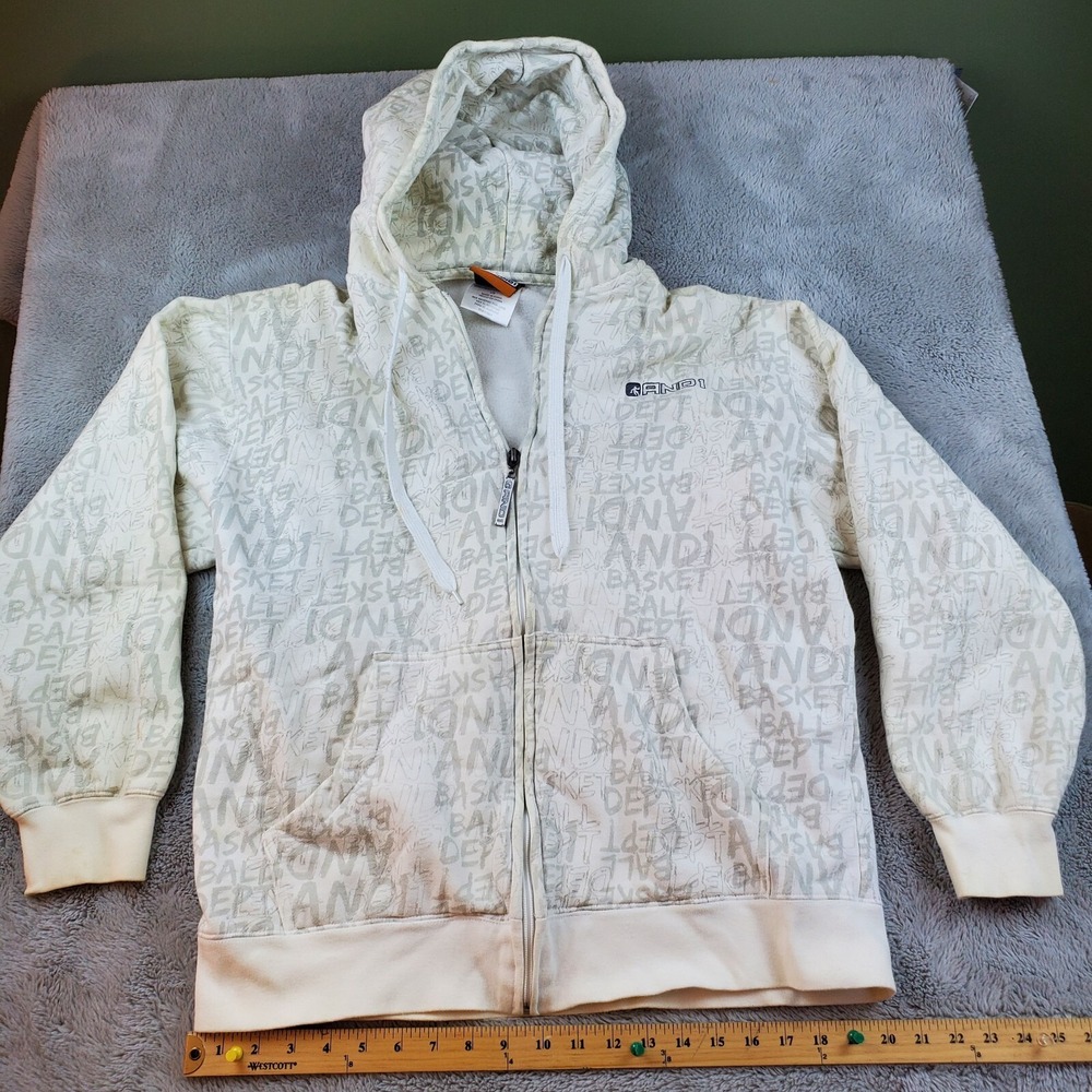 AND1 Hoodie Mens L Basketball Dept All Over Print Full Zip White